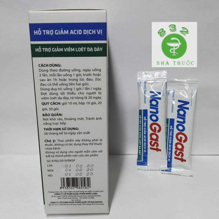 NanoGast hỗ trợ giảm acid dịch vị, bảo vệ niêm mạc dạ dày hộp 20 gói