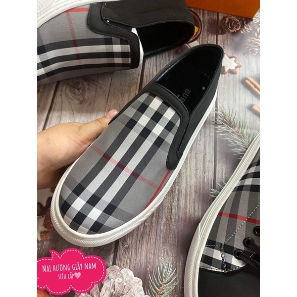 Giày burberry buộc dây kẻ đen , giày lười slipon burberry kẻ đế cao su kèm hộp