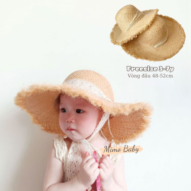 Mũ cói vành rộng đi biển thắt dây ren xinh xắn cho bé MH107 Mimo Baby