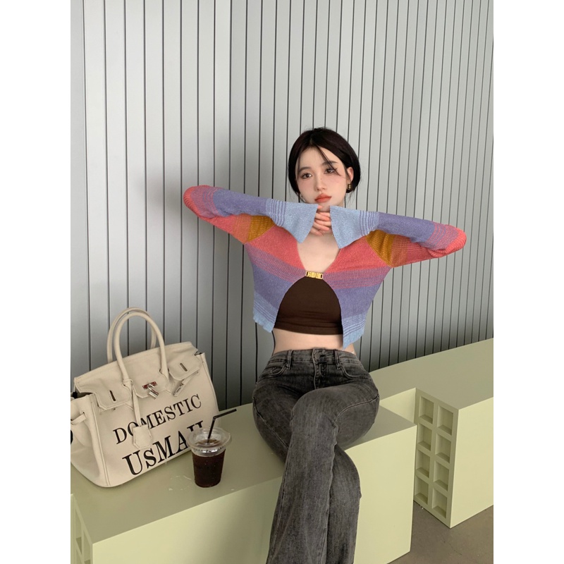 QADCOL Áo Khoác Cardigan Dệt Kim Tay Dài Dáng Ngắn Mỏng Nhẹ Họa Tiết Kẻ Sọc Thời Trang Mùa Hè Phong Cách Cổ Điển Cho Nữ