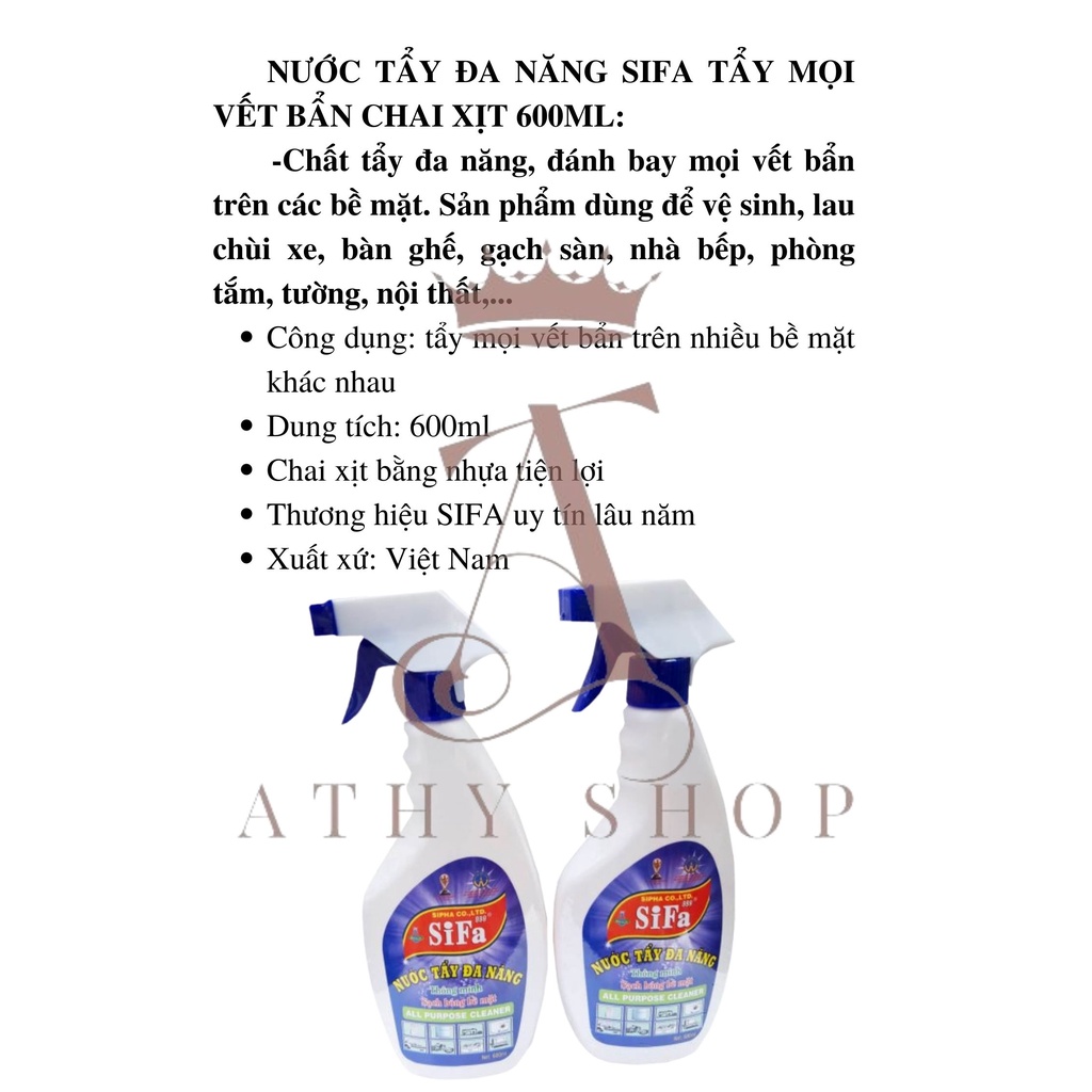 CHAI XỊT CHẤT TẨY ĐA NĂNG SIFA 600ML, bình vệ sinh vết bẩn cực mạnh, đậm đặc xóa sạch vết ố lâu ngày, làm sạch bề mặt xe