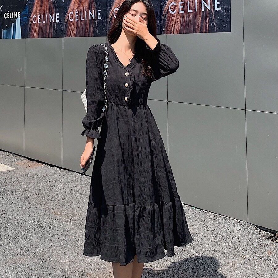 [L&P] Phong cách Hepburn  phong cách mới  váy trắng kiểu Pháp  váy dài tay tính khí thời trang | BigBuy360 - bigbuy360.vn