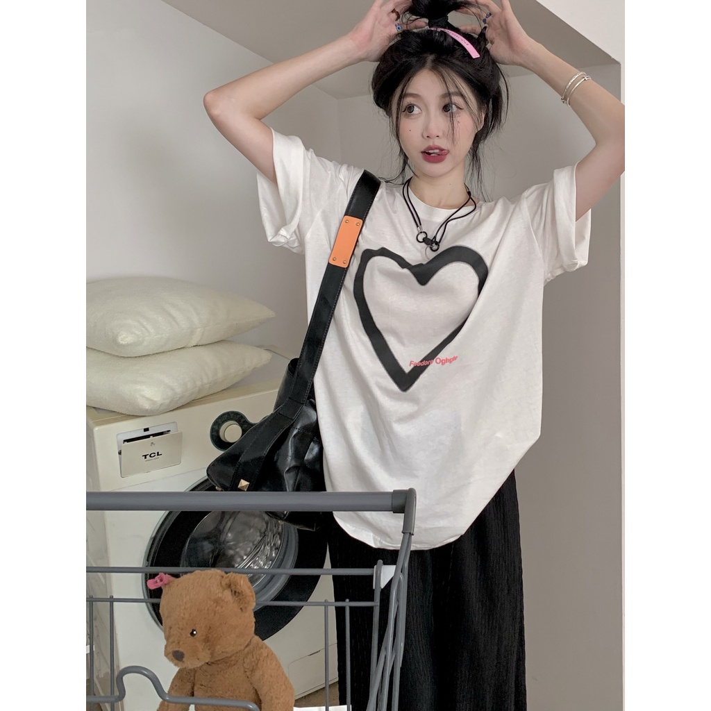 Áo Thun cotton Tay Ngắn Cổ Tròn In Họa Tiết Trái Tim Thời Trang Phong Cách Hàn Quốc Cho Nữ