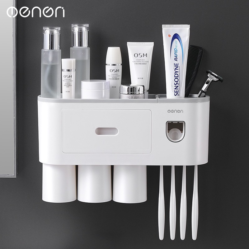 Kệ Phòng Tắm Thông Minh CHÍNH HÃNG OENON 3 Cốc Hút Từ Tính/ BỘ NHẢ KEM ĐÁNH RĂNG 3 CỐC OENON