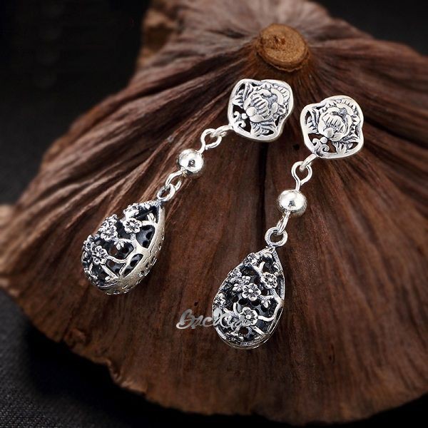 Khuyên tai bạc nguyên chất hoa mẫu đơn treo cành hoa mai