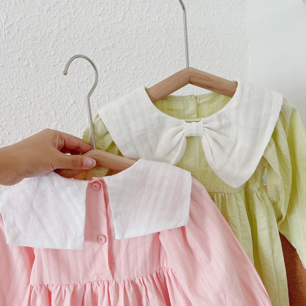 Váy thu cổ nơ thô gân mềm cho bé gái 1-5 tuổi (Mã 198-mới-xanh+hồng)