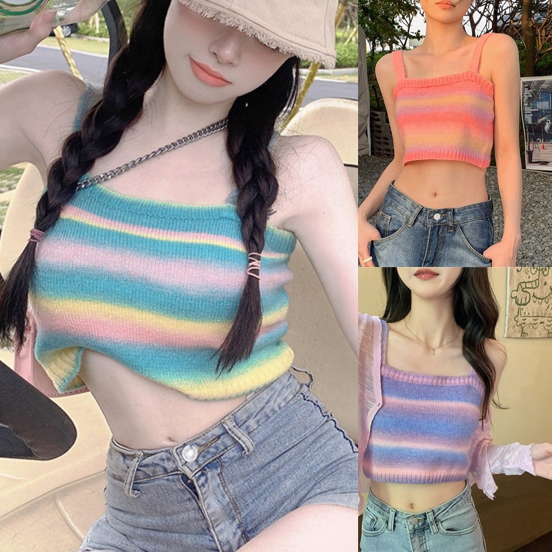 Áo Croptop Dệt Kim Sát Nách Kẻ Sọc Cầu Vồng Thời Trang Mùa Hè Cho Nữ