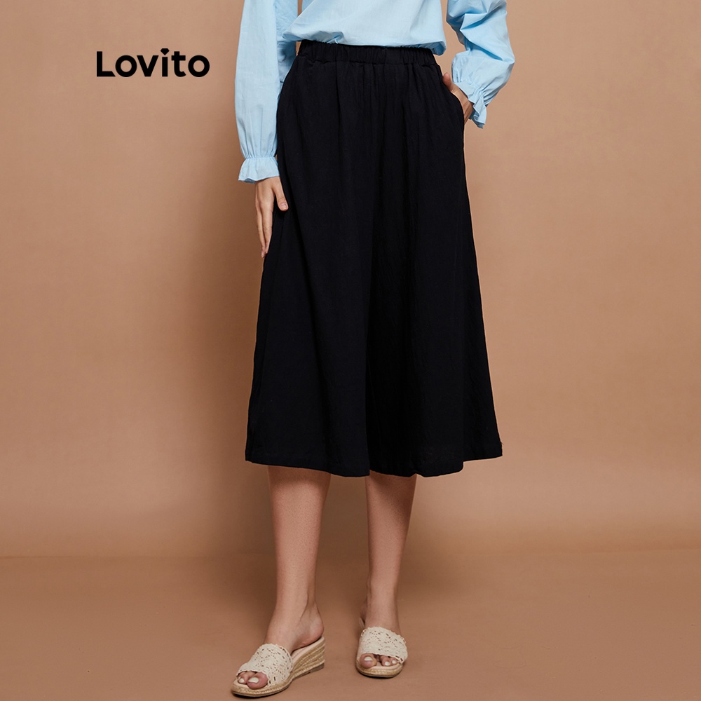 Quần culottes Lovito lưng thun co giãn đơn giản màu trơn có túi L14X024 (Màu đen)
