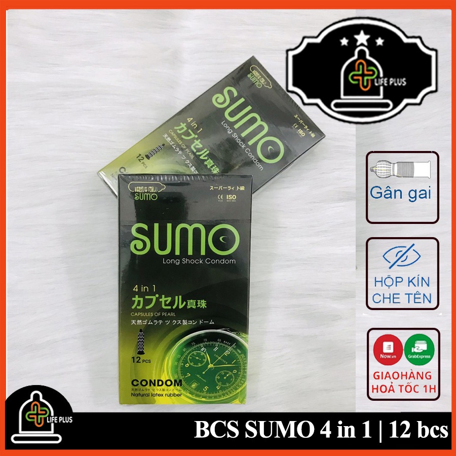 Bao Cao Su Siêu Mỏng SUMO 4 in 1 Gân Gai, Phát Hiện Bệnh Tình Dục Hộp 12 bcs - Tặng 1 Bao Cao Su LP01 - Life Plus Store