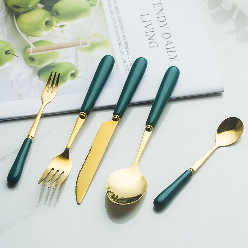 Bộ Muỗng Nĩa Ăn Trái Cây Bằng Sứ Phối Màu Xanh Lá Đậm Phong Cách Bắc Âu