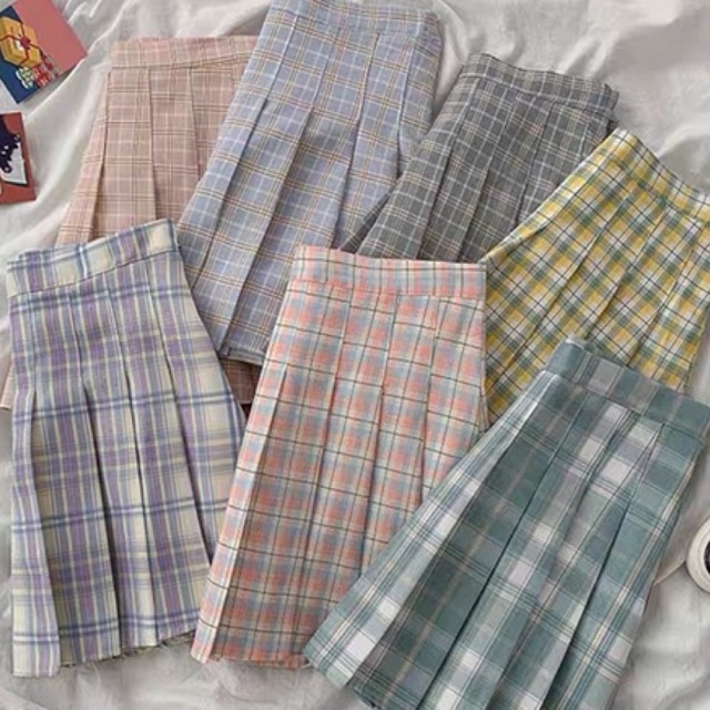 Chân váy ngắn xếp ly kẻ caro phong cách nữ, cạp cao, aimeecloset.vn ảnh thật