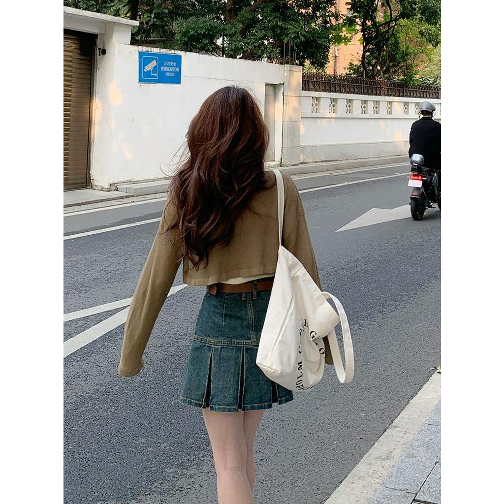 Bộ Áo Dài Tay + Chân Váy Denim Xếp Ly Xinh Xắn Dành Cho Nữ 63501