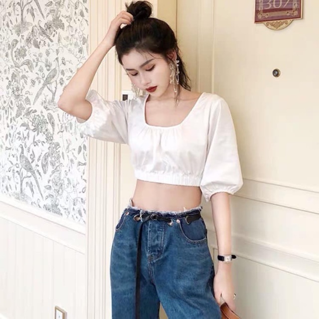 Áo crop tay lỡ chất thô lụa mềm
