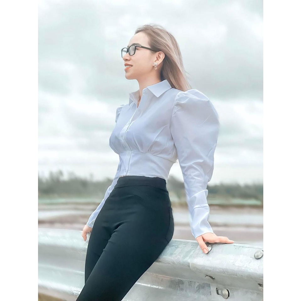 (HÌNH THẬT) Áo Sơ Mi Croptop Vai Phồng tay Dài CLASSIC (TRẮNG)