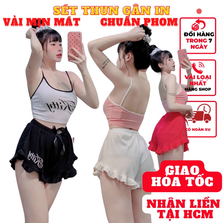 Sét đồ ngủ mặc ở nhà áo 2 dây nữ kèm quần bèo in chữ chất thun gân xịn cực sexy- mã VD162
