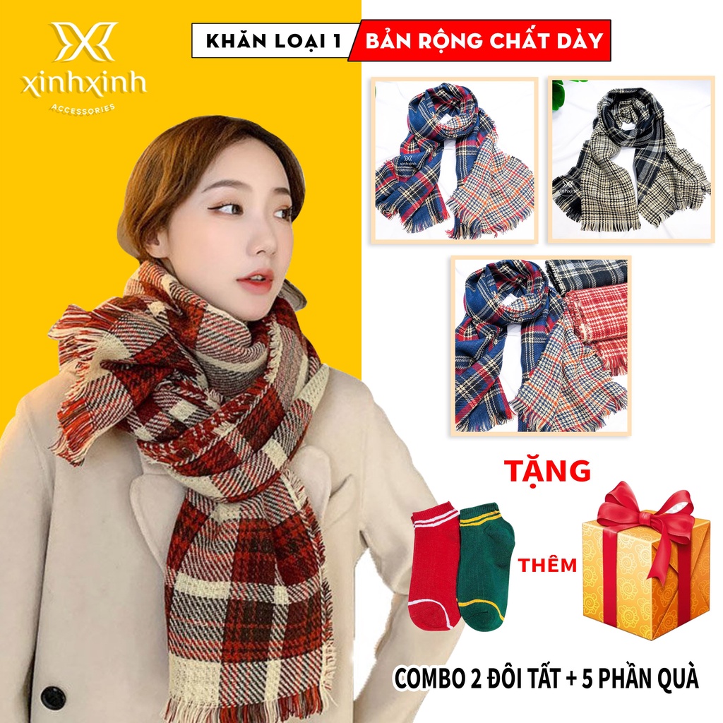 Khăn quàng cổ nữ chất liệu len dạ kẻ caro, kẻ 2 mặt, khăn choàng cổ phong cách vintage Hàn Quốc Xinh Xinh Accessories