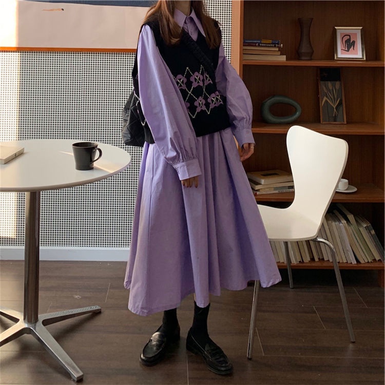 Set Đầm Tay Dài Màu Tím + Áo Khoác Len Không Tay Thiết Kế Mới Thời Trang Dành
