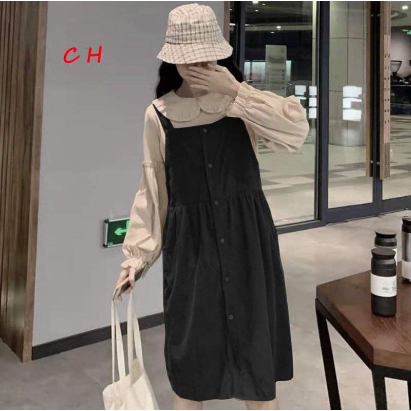 sét đầm nữ🦋sét váy yếm babydoll gồm hai món áo cổ bèo + yếm đũi cúc dọc thân vải mềm mịn freesize dáng ulzzang,vintage