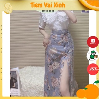 Chân Váy Midi Xẻ Tà 🍊[Tiệm Vải Xinh]🍊 Chân Váy Dài Hoa Mix Áo Sơ Mi Cổ Ren SET007