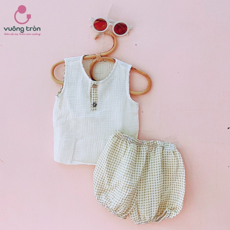 Bộ ba lỗ bé trai bé gái cao cấp Vuông tròn chất liệu muslin thấm hút mồ hôi cho mùa hè
