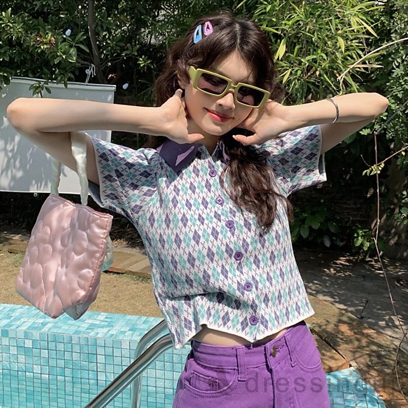 Áo Thun Ngắn Tay Cổ Bẻ Màu Sắc Tương Phản Thời Trang Mùa Hè Cho Nữ