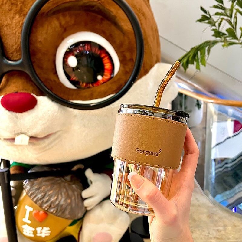 [ Hàng Loại 1 ] Cốc Thủy Tinh Bọc Da Sang Trọng 450ML - TẶNG Kèm Ống Hút Và Nắp Chống Tràn