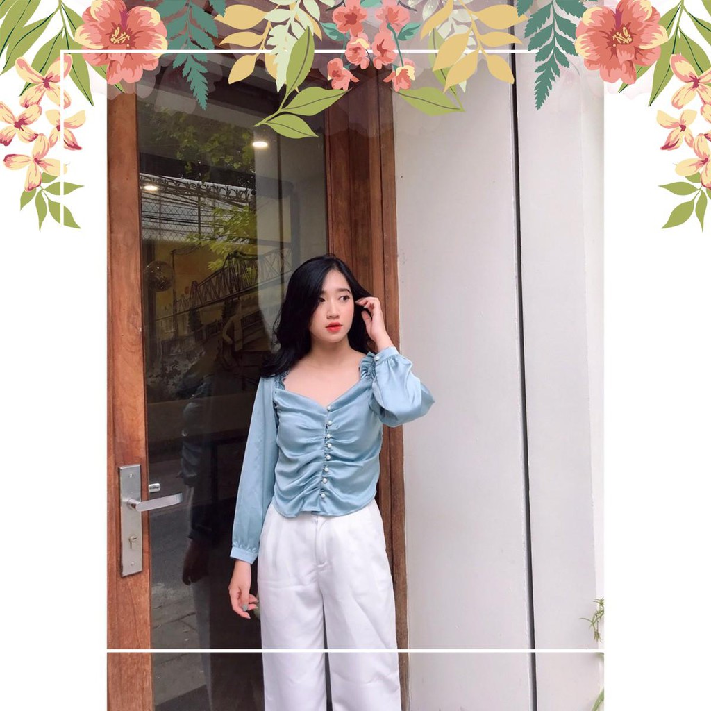 Áo nhún ngực tay lỡ tay dài màu xanh | BigBuy360 - bigbuy360.vn