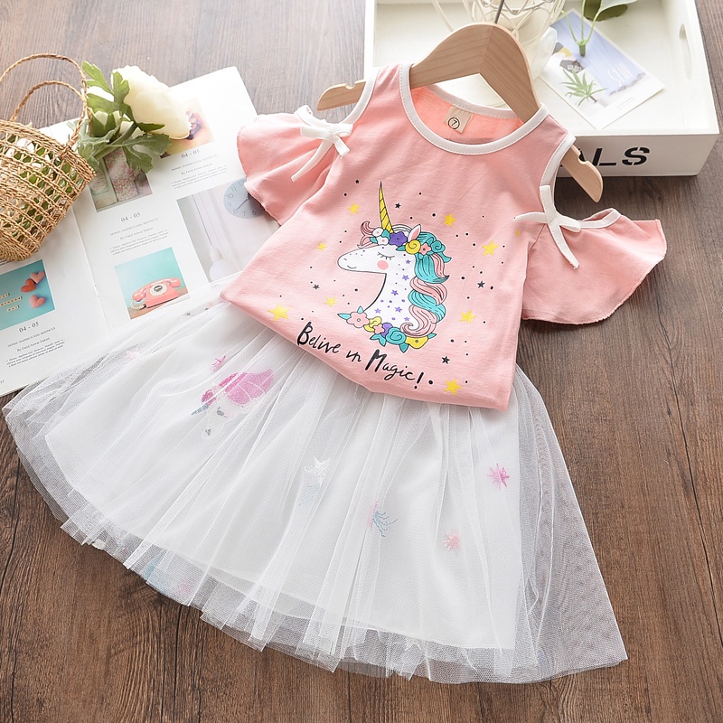 BEAR LEADER Bộ Áo Thun Ngắn Tay In Hình Gấu + Chân Váy Lưới Phồng Thời Trang Cho Bé Gái 3-7 Tuổi