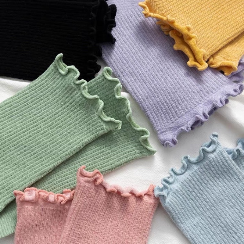 Tất nhún cổ bèo nữ chất liệu cotton Hàn Quốc phong cách Vintage thoáng mát M003