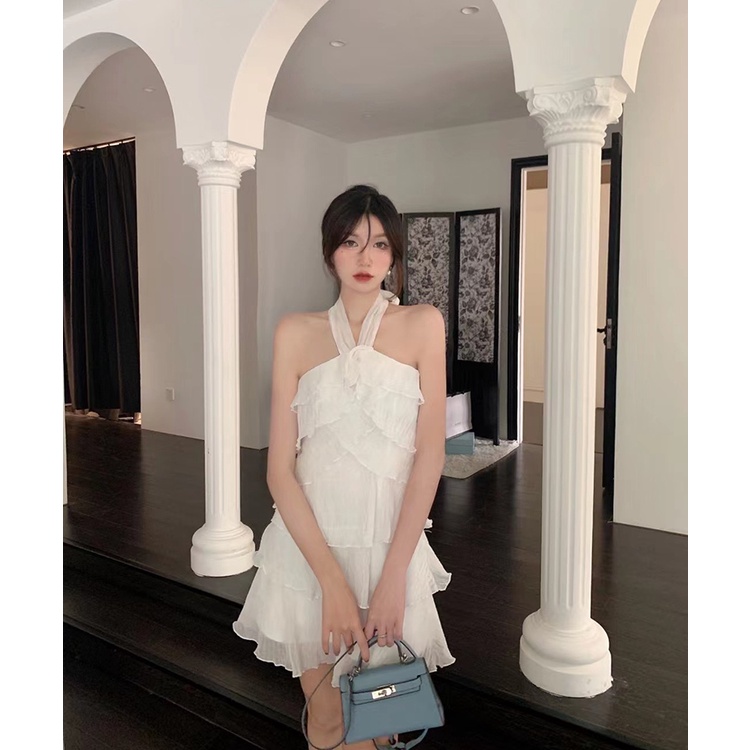 Đầm ngắn IELGY hở lưng không tay diềm xếp nếp phong cách mùa hè cho nữ