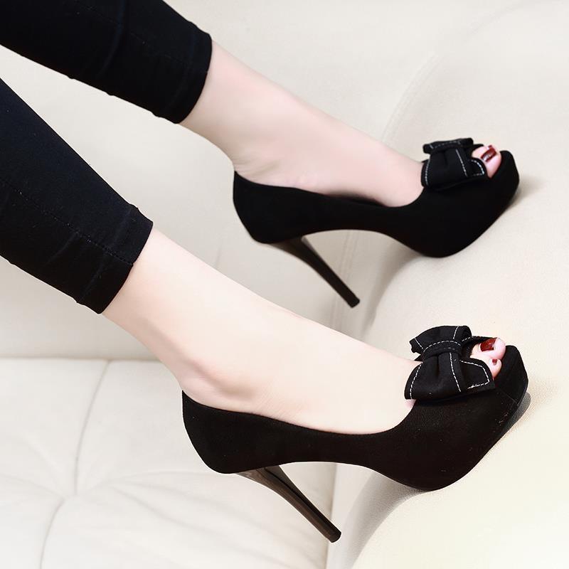 Giày Cao Gót 10CM Chống Thấm Nước Mũi Nông Đính Nơ Đen Quyến Rũ Cho Nữ