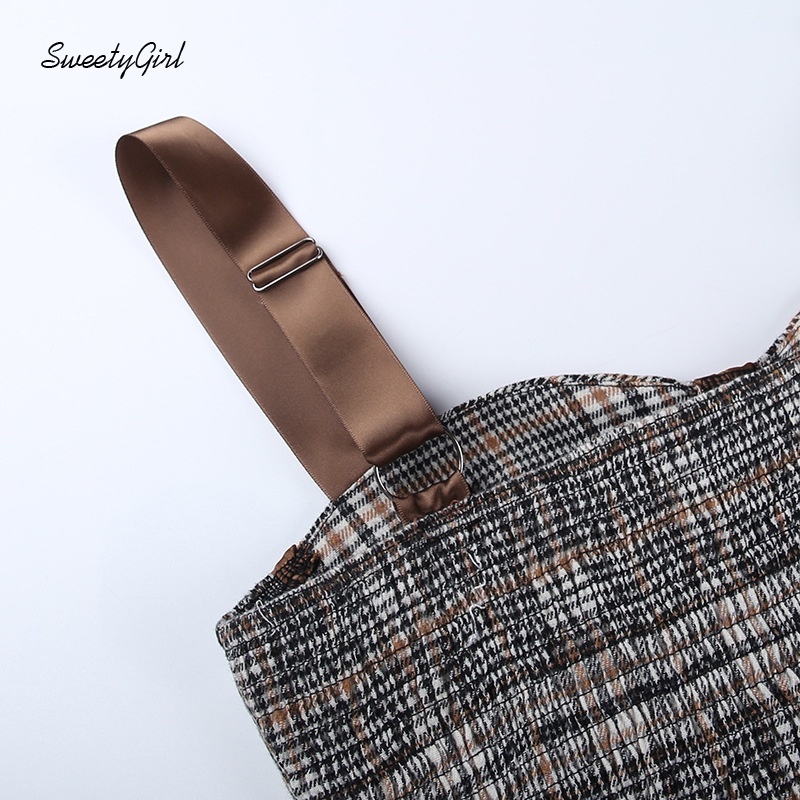 Áo 2 dây kẻ sọc caro có thể điều chỉnh thời trang đường phố cho nữ