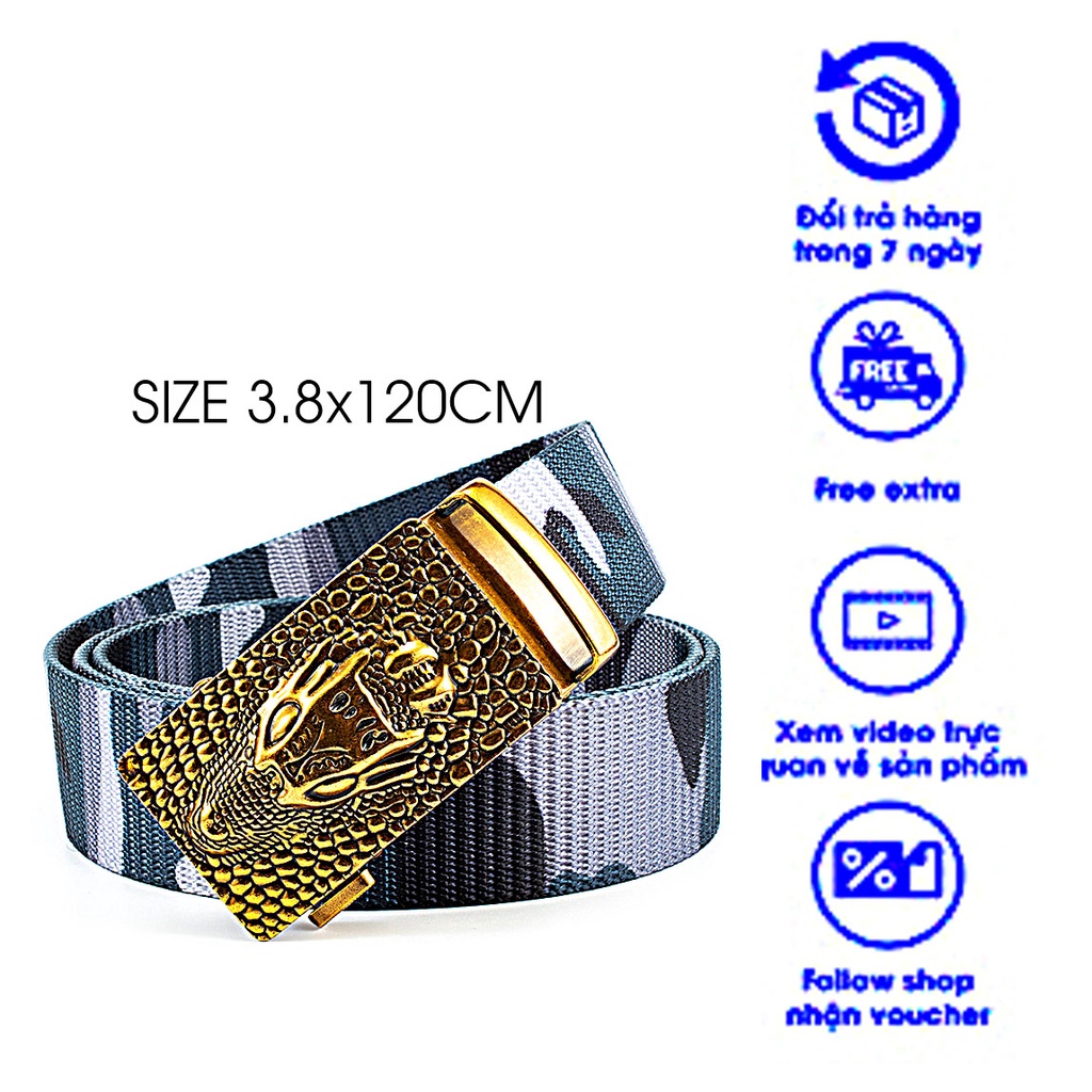 Thắt lưng nam chất liệu vải dù PE-Size 3.5 x 115cm dày 0.25 cm - Hình đầu cá sấu - Khóa kim loạ mại hình cá sấu.