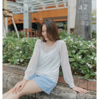 Set áo kiểu nữ voan trắng tay phồng và áo hai dây lụa LUCETFASHION đẹp Sheer Top