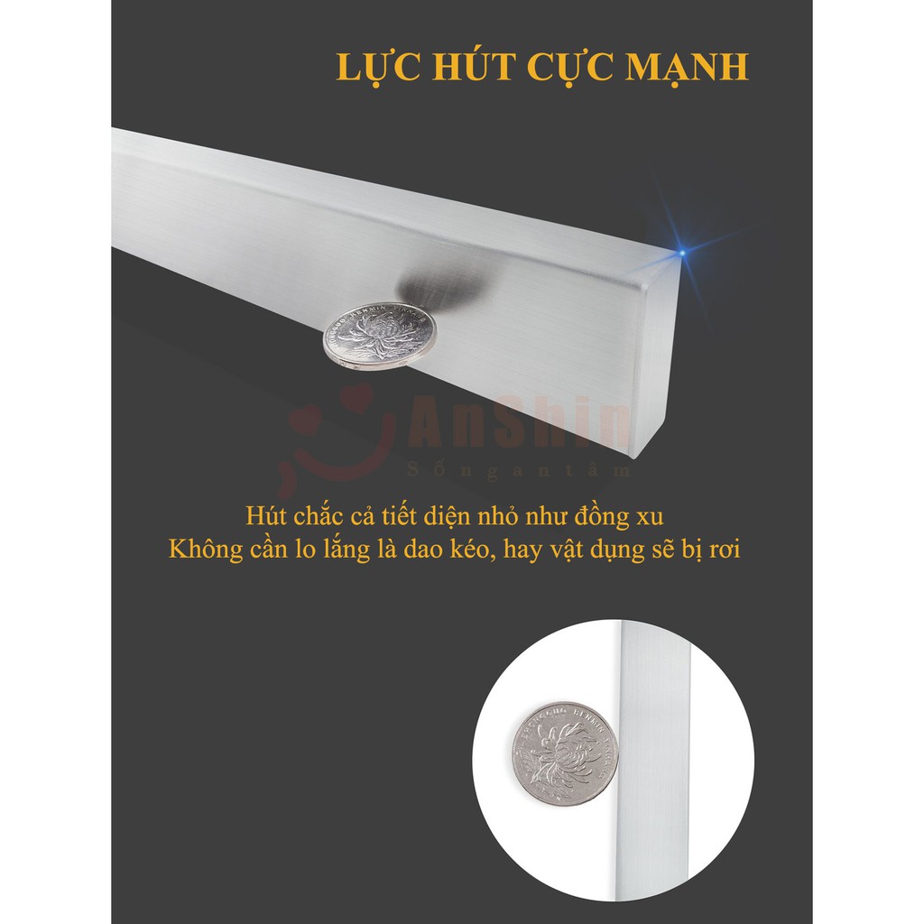 Thanh nam châm treo dao kéo dụng cụ AnShin - giá nam châm vĩnh cửu bọc hộp inox 304 nguyên khối cao cấp