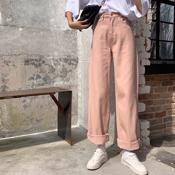 Quần denim dài ống rộng lưng cao màu trơn phong cách Hàn Quốc thời trang cho nữ
