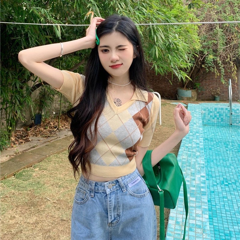 SUXI Áo Croptop Dệt Kim Tay Ngắn Cổ Chữ V Thời Trang Mùa Hè Phong Cách Vintage Cho Nữ