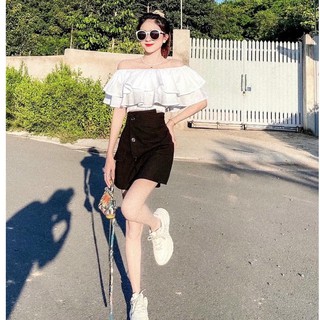 Sét áo voan trễ vai trắng nhiều tầng phối chân váy chữ A đắp chéo giả túi thời trang M072, Sét bộ xinh đi chơi cho