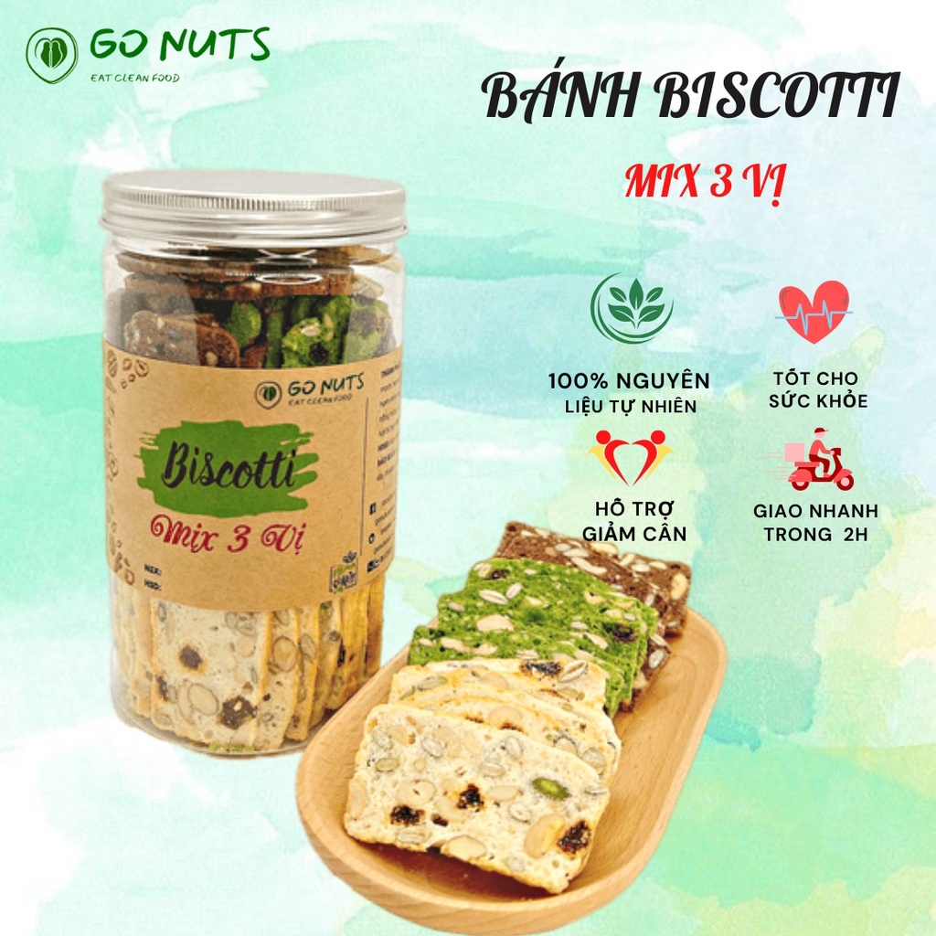 Bánh Biscotti nguyên cám GONUTS 3 vị Không đường Bánh ăn kiêng hỗ trợ giảm cân bánh hạt dinh dưỡng ngũ cốc healthy