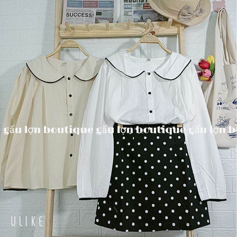 áo sơ mi cổ sen viền đen vintage ảnh thật