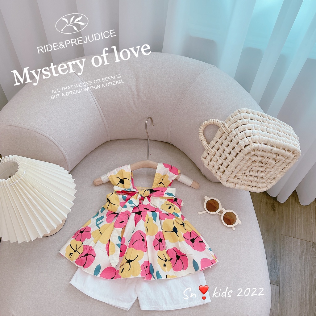 Bộ 2 dây hoa bé gái, Sét áo thô hoa to cộc nơ sau lưng kèm quần short đũi trắng cho bé