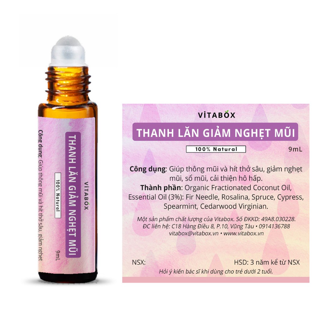 Thanh lăn tinh dầu giảm nghẹt mũi VITABOX - 100% thiên nhiên - 9mL