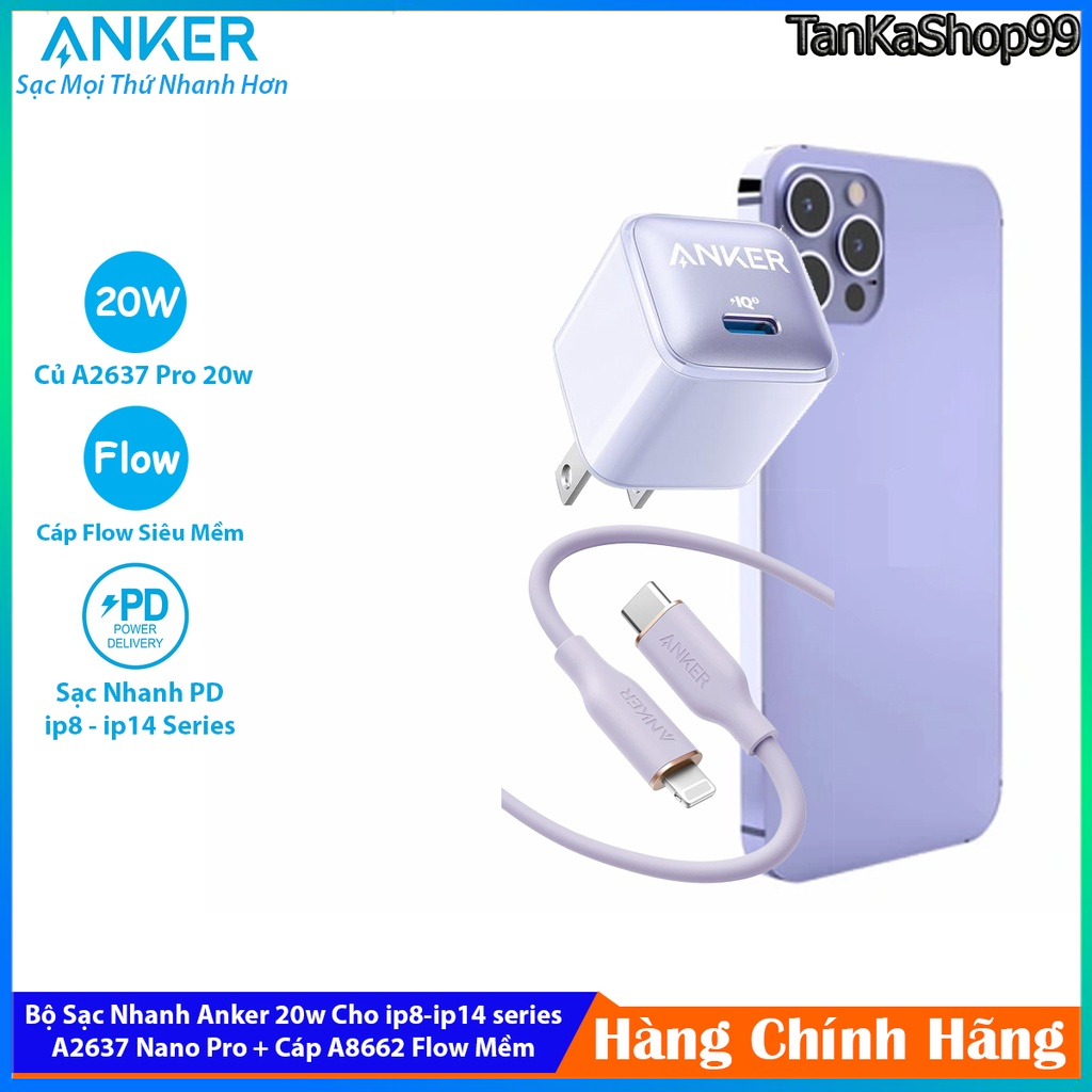 Sạc Nhanh An ker 20w A2637 Nano Pro + Cáp C to L A8662 Flow Mềm Cho lP8-lP14