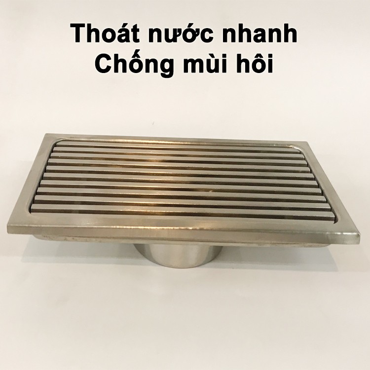 Phễu thoát sàn chống hôi, thoát nước nhanh, Inox 304 dày, kiểu hình chữ nhật mặt kẻ sọc