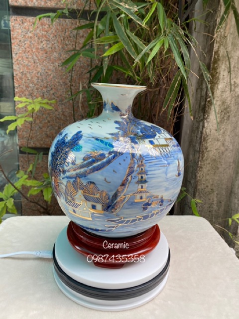 Bình hút tài lộc men lam vẽ vàng kim gốm sứ Bát Tràng