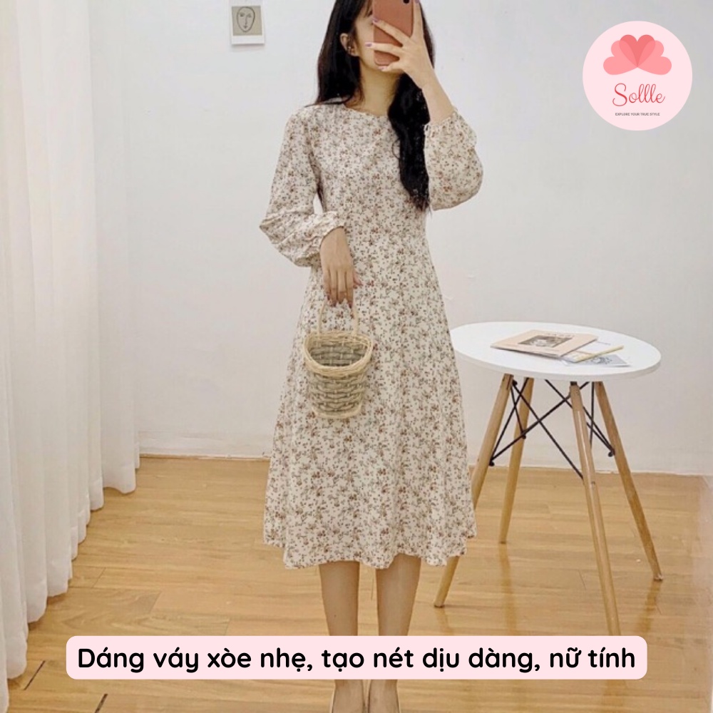 Váy trắng hoa nhí cỏ dài tay thanh lịch đầm babydoll dáng dài vintage nữ tính Hàn Quốc Sollle