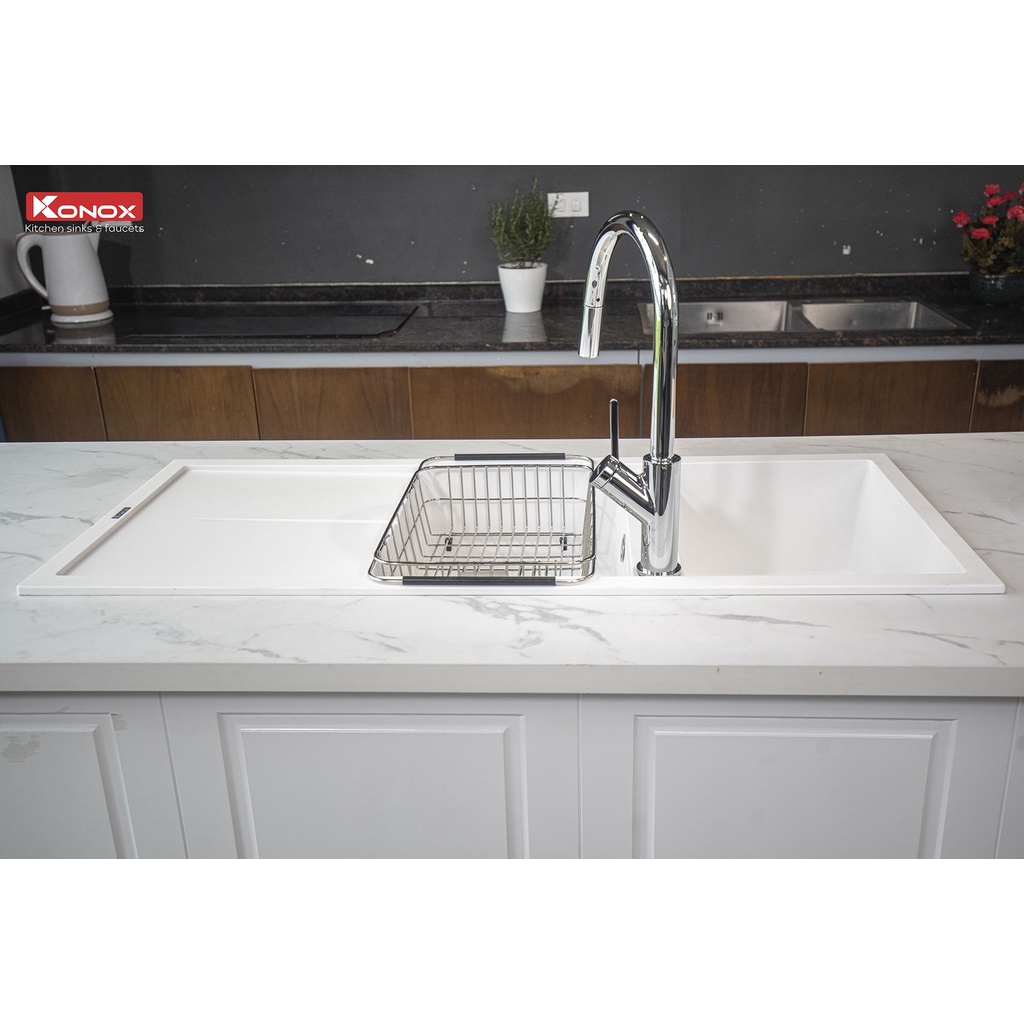 Chậu rửa bát đá KONOX Granite Series - Livello Smart 1160 White Silver, Made in Italy