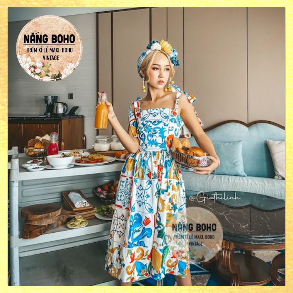 giảm tối đa 50k đơn từ 250k NẮNGBOHO-Váy hoạ tiết vintage phong cách tiểu thư