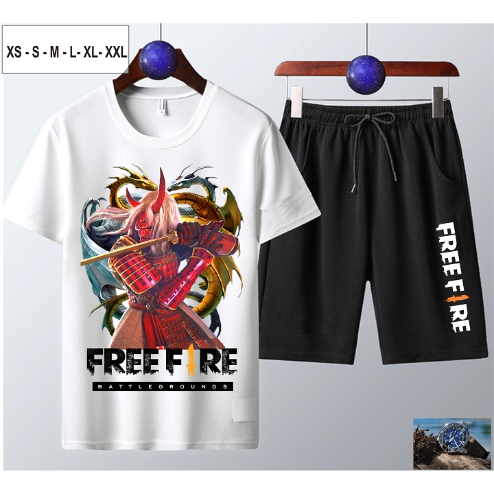 Bộ Áo Free Frie màu trắng cổ tròn + Quần Short nam cực đẹp Quỷ Kiếm Dạ Xoa