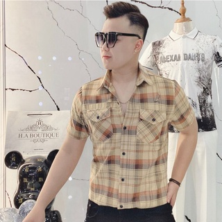 Áo sơ mi bbr ngắn tay kẻ sọc 2 túi ngực
